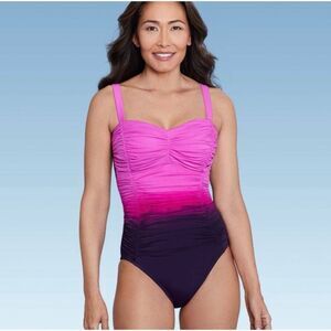 Aqua Green Pink and Purple Ruched One Piece Swimsuit Size 6 New